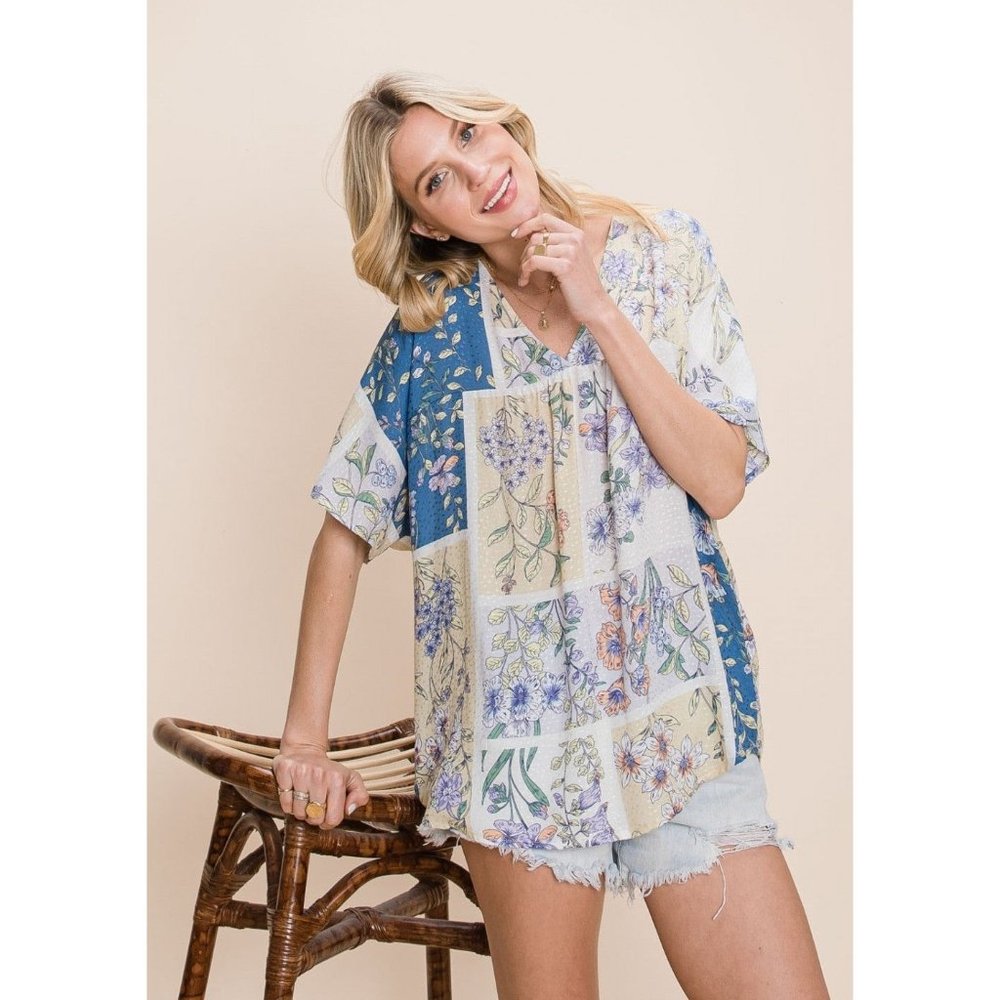 Cotton Bleu Floral V-Neck Top